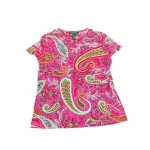 Lauren‎ Ralph Lauren Petite Pink Paisley Cotton Short Sleeve T-Shirt Womens P/P